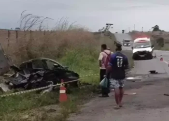 A imagem em destaque mostra o carro onde as vítimas estavam completamente destruído às margens na rodovia estadual PA-150. (Foto: Reprodução)