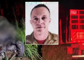 A imagem em destaque mostra o carro que a vítima conduzia, uma foto do soldado do Corpo de Bombeiros do Tocantins e a carreta envolvida na batida. (Foto: Reprodução | Redes Sociais)