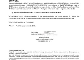 Xingu Praia Clube: Edital de Convocação nº 001/2025-2026