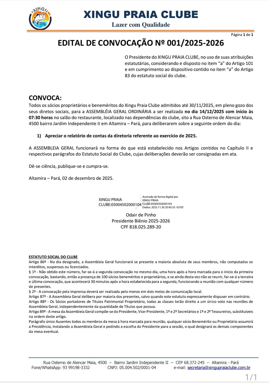 Xingu Praia Clube: Edital de Convocação nº 001/2025-2026