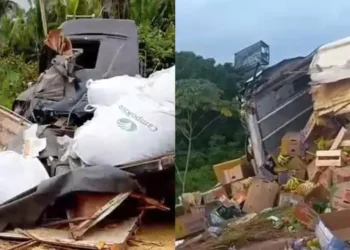 Acidentes gravíssimos com veículos pesados foram registrados nas rodovias BR-163 (esquerda) e BR-230, no Estado do Pará. (Reprodução redes sociais)