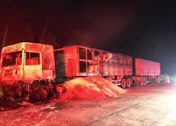 Carreta foi consumida pelas chamas na BR-163, na comunidade do Cedro — Foto: Redes Sociais
