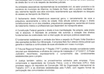 Entidades do setor produtivo se manifestam sobre protesto que fechou o acesso ao aeroporto de Altamira