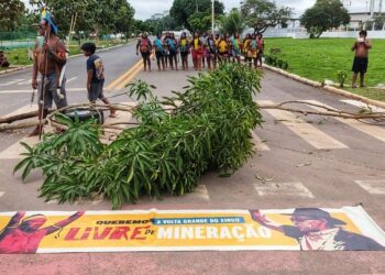 Indígenas bloqueiam acesso ao aeroporto de Altamira em protesto contra mineradora — Foto: Divulgação / Sol Juruna,