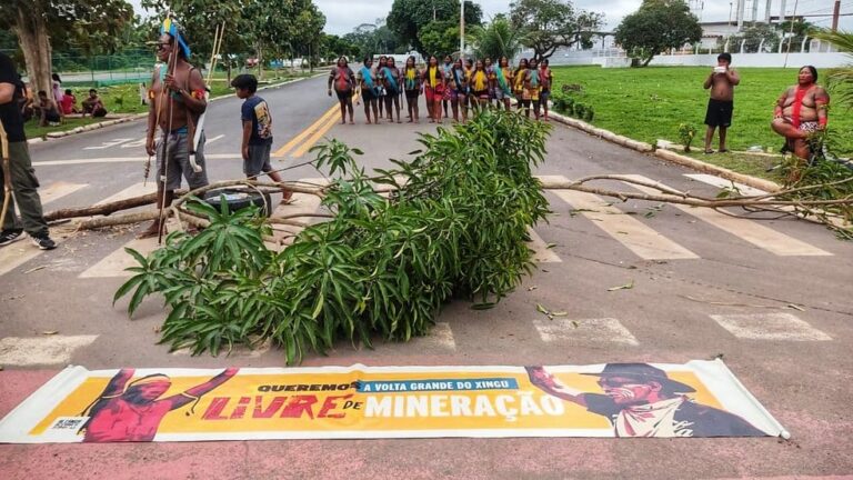Indígenas bloqueiam acesso ao aeroporto de Altamira em protesto contra mineradora — Foto: Divulgação / Sol Juruna,