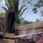 Carreta tomba sobre caminhonete e deixa uma pessoa morta e outra ferida na BR-163, em Trairão