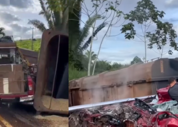 Carreta tomba sobre caminhonete e deixa uma pessoa morta e outra ferida na BR-163, em Trairão. (Foto: Redes Sociais)
