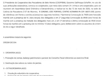 Edital de Convocação: Cooperativa dos Pescadores de Belo Monte – COOPPBM