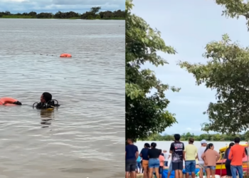 Dois jovens seguem desaparecidos após entrarem no rio Gurupatuba, em Monte Alegre. A imagem mostra as buscas do Corpo de Bombeiros. (Foto: Portal Monte Alegre News)