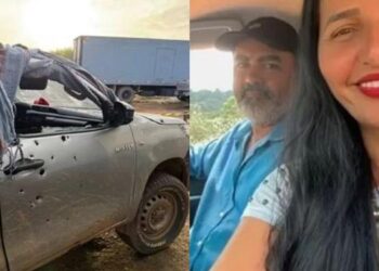 fonte A imagem mostra o estado da caminhonete em que as vítimas estavam após ser alvejada (à esquerda) e o casal baleado no ataque (à direita). (Foto: Reprodução das Redes Sociais