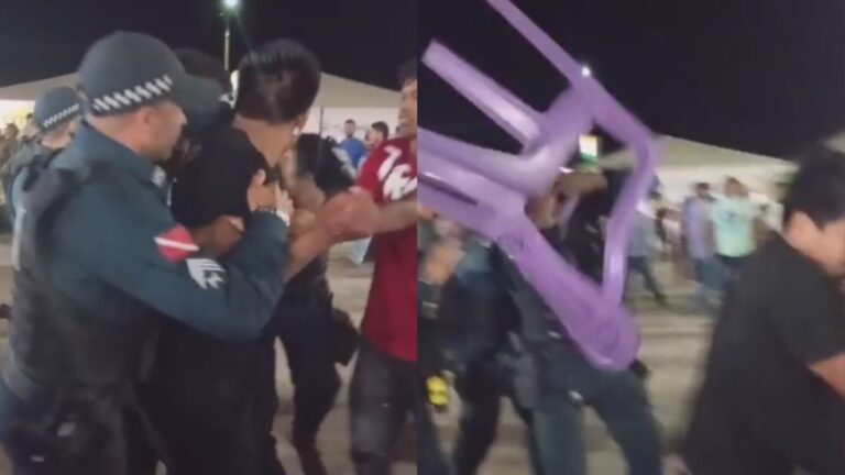 Homem arremessa cadeira contra policiais durante show de Amado Batista. — Foto: Reprodução / Redes sociais