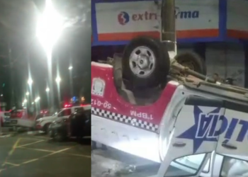 Viatura da Polícia Militar capota após colisão com carro no bairro do Marco, em Belém. (Foto: Redes Sociais