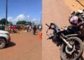 A imagem em destaque mostra o local do acidente (à esquerda) e a moto que a vítima conduzia (à direita). (Foto: Reprodução | Plantão 24 Horas News)