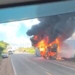 Ônibus pega fogo e fica destruído na BR-010, no Pará