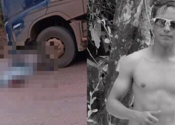 A imagem em destaque mostra o local do acidente (à esquerda) e a vítima que morreu (à direita). (Foto: Reprodução | Plantão 24 Horas News)