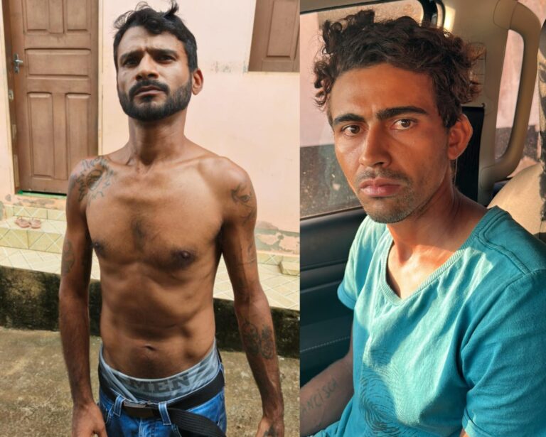 Os suspeitos Josiel Silva Alves (sem camisa) e Adrielson Moreira de Lima (de camisa azul), presos pela Polícia Civil durante as investigações do crime.