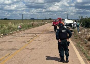 A imagem em destaque mostra policiais e bombeiros militares no local onde o acidente aconteceu. (Foto: Reprodução | Fato Regional)