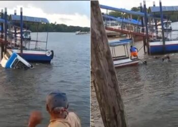 Ônibus sem freio afundo nas águas do rio São Francisco, em Barcarena, no final da tarde desta quarta-feira (15). (Reprodução Redes Sociais)