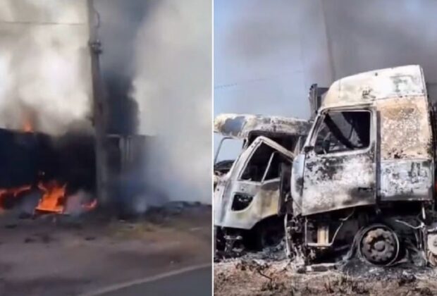 Dois caminhões pegam fogo após colisão na BR-155 e motoristas ficam feridos no Pará