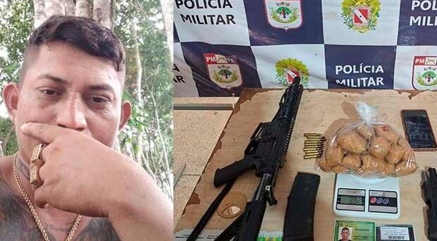 A imagem em destaque mostra o suspeito que morreu após confronto com a PM (à esquerda) e o material apreendido pelos agentes com ele. (Foto: Reprodução | O Impacto)